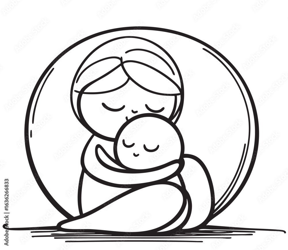 Obraz premium Cute and simple drawing of Mom holding baby. Hand drawn doodle cartoon mother and child
