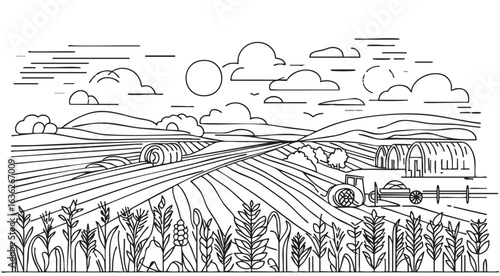 Rural landscape with a farm. Hand drawn Illustration in engraving style, sketch