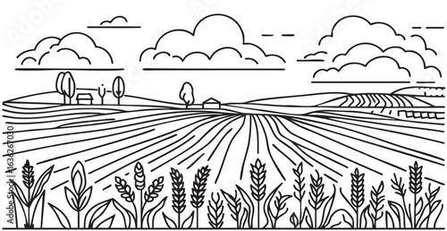 Rural landscape with a farm. Hand drawn Illustration in engraving style, sketch
