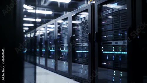 Dark Blue Lit Corridor of Modern Servers in a Data Center: Rows of Black Network Hardware Glowing with Blue Lights, Highlighting Digital Technology