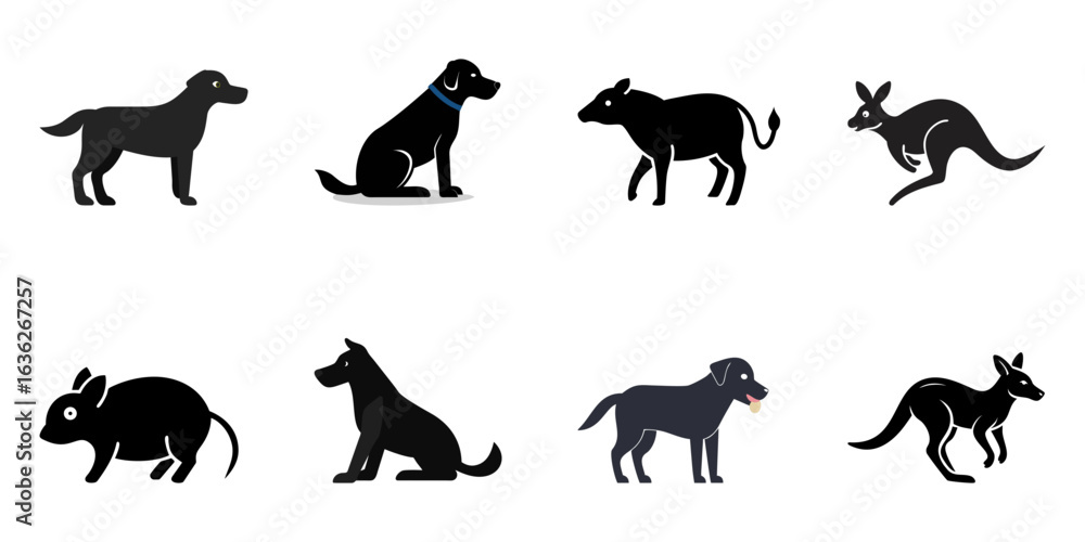 Fototapeta premium Various animals including dogs, kangaroos, boars, and rodents isolated on white background