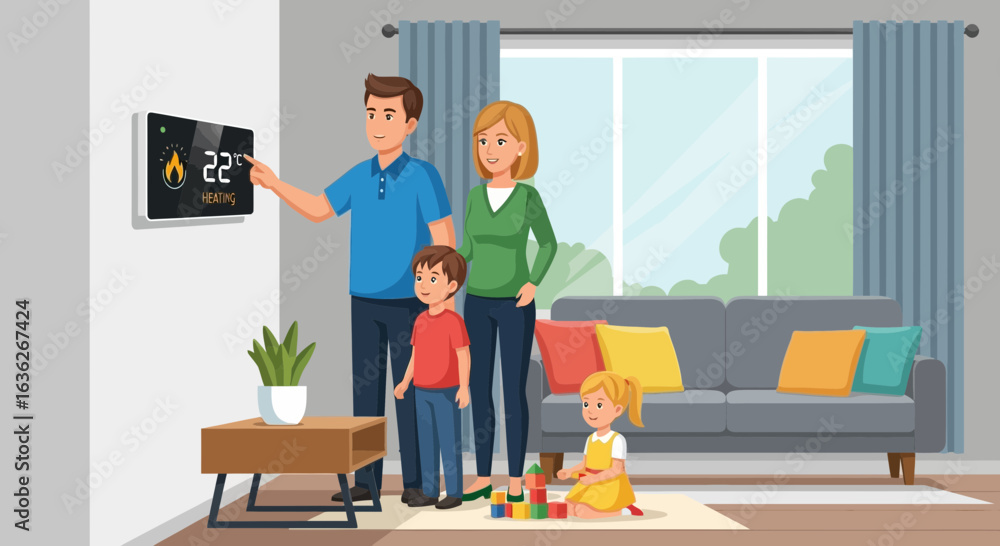Fototapeta premium Family Adjusting Smart Thermostat For Comfort In Modern Living Room
