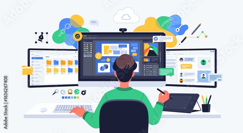Creative Digital Designer Working on Multiple Screens in the Studio