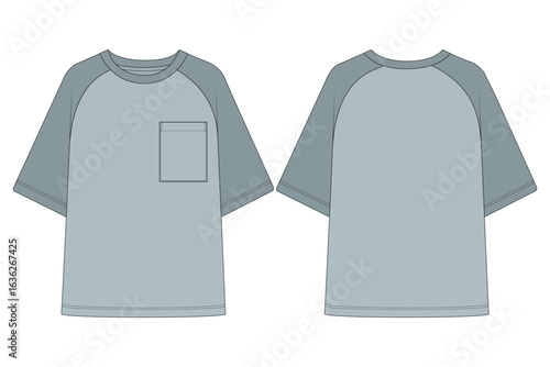 Two-Tone Raglan Sleeve T-Shirt with Pocket.	Color Block Baseball Tee Technical Flat.	Men's Raglan T-Shirt Apparel Template