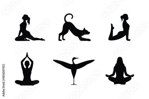 Diverse silhouettes of people and animals in yoga poses meditation fitness