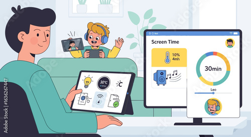 Family Using Smart Home and Screen Time Management Technology Together