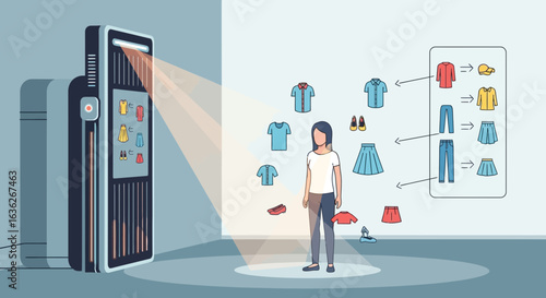 Woman Using Virtual Clothing Stylist And Augmented Reality Fitting Room Technology