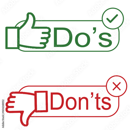 Green thumbs-up Do’s and red thumbs-down Don’ts icons with check mark and cross symbols for rules, tips, and guidelines graphics.

