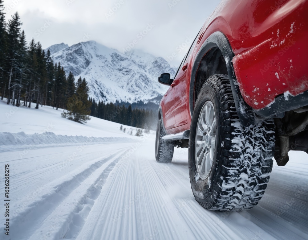 Naklejka premium Red pickup truck tire covered in snow on wintery road. Snowy mountain landscape background. Winter driving concept. Motion blur of tire tracks. Ideal for car promotion, advertisement.