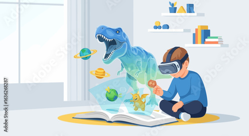 Boy Immersed in Virtual Reality Exploring Educational Augmented Reality Content