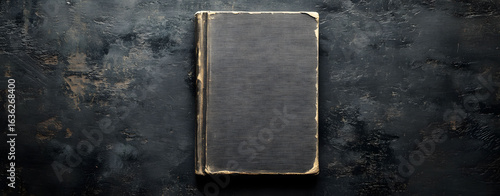 Vintage hardcover book with a blank black cover on a dark grunge background. Minimalist mockup for typography and creative book cover design.