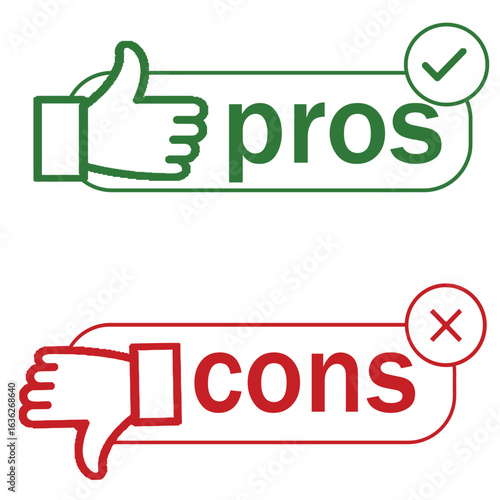 Green thumbs up for pros and red thumbs down for cons infographic concept with checkmark and cross icons on white background

