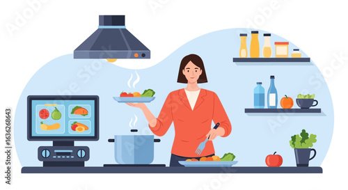 Healthy Woman Preparing Food With Recipes In The Kitchen