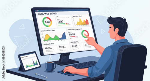 Man Analyzing Core Web Vitals Metrics on Digital Devices at Desk