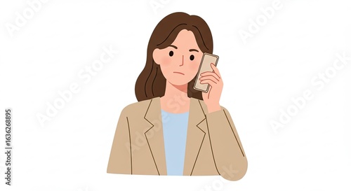 Worried Businesswoman Holding Smartphone Wearing Blazer with Brown Hair