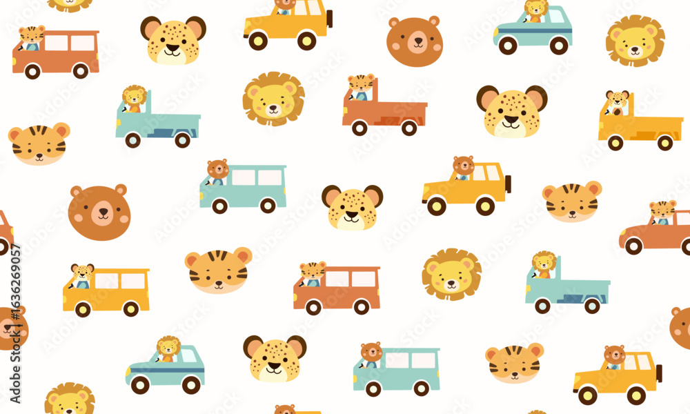 Animals in transport seamless pattern. Kid cartoon cars, bus, police and bike with animal driver. Vector texture with cars and animal faces. Lion, bear, tiger on vehicle, childish, creative