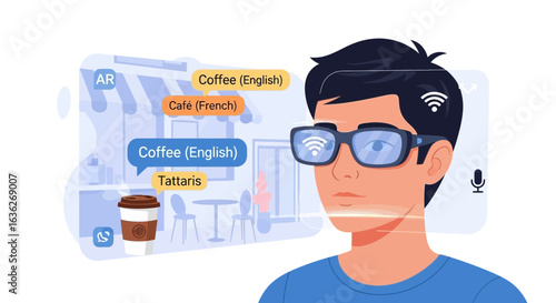 Augmented Reality Smart Glasses Providing Real Time Translation At Cafe