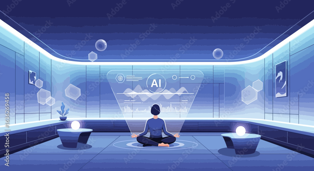 Naklejka premium Meditative State In Futuristic Room Using Artificial Intelligence Interface