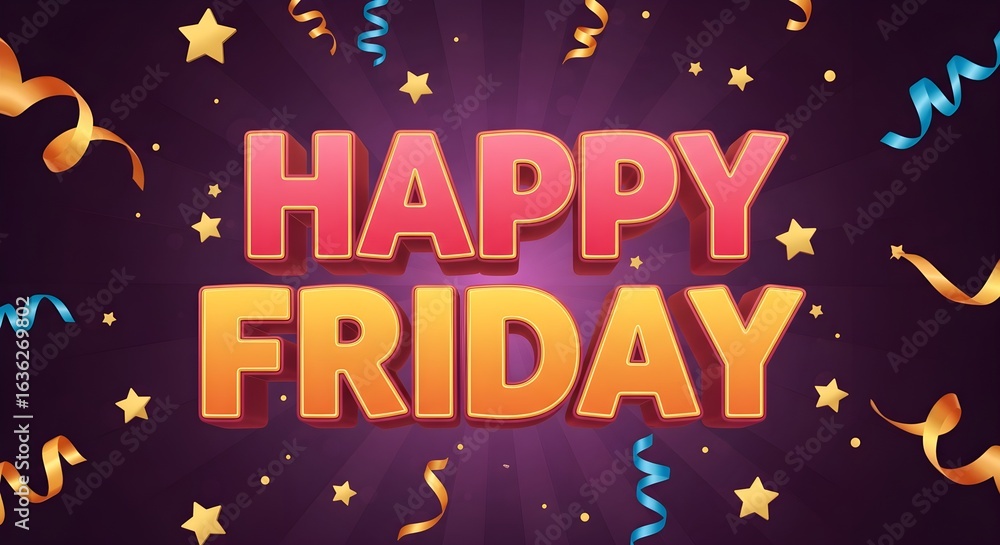 Fototapeta premium Happy Friday 3D text with golden stars and colorful confetti