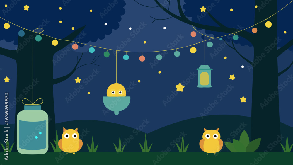 Fototapeta premium Night Garden Birthday with Twinkling Fairy Lights