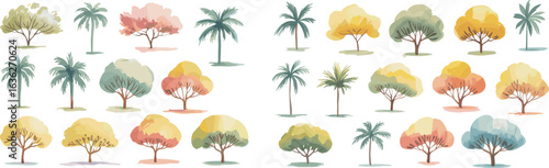 Watercolor tropical and deciduous tree collection, palm trees with colorful foliage, botanical illustration, summer landscape art, exotic garden, nature clipart design