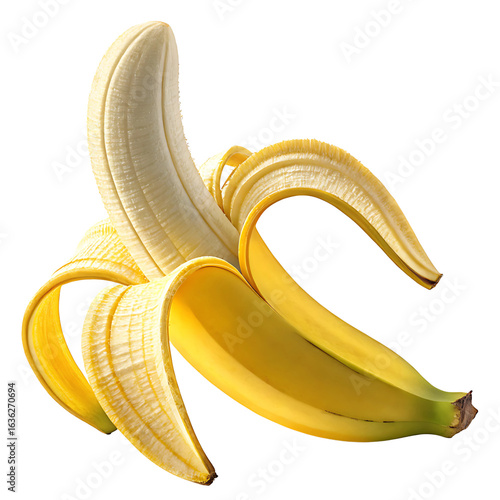 Banana, one isolated banana, peeled banana with light falling on it from an angle making it more visible and attractive, close-up, transparent background