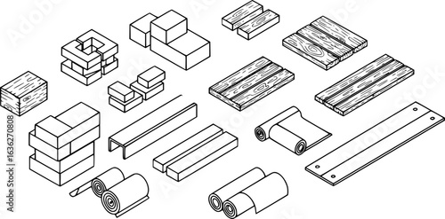 isometric line drawing of various construction materials, including bricks, blocks, wooden planks, steel beams, pipes, and rolls of material, in black and white,