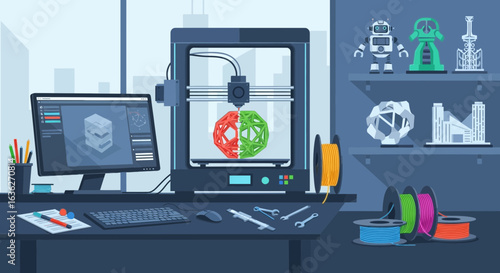 Advanced 3d Printer Working on Polygonal Ball Design in Engineering Office