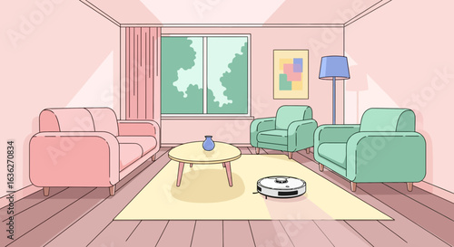 Automated Cleaning Robotic Vacuum At Home In Cozy Living Room