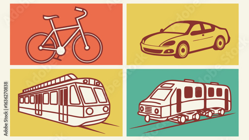 Transportation modes vector art: bicycle, car, train and railway transport illustration for travel and commuting