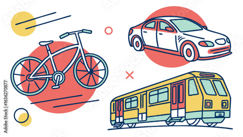 Transportation options illustration including bicycle car and train for commuting and travel needs vector art