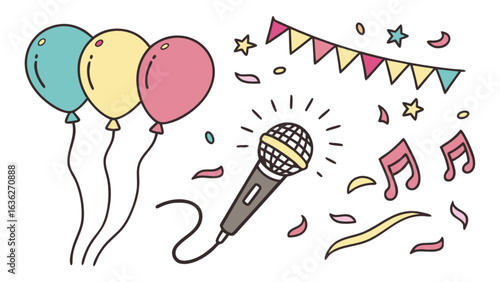 Celebrate karaoke party with balloons microphone and confetti for fun event and happy birthday party