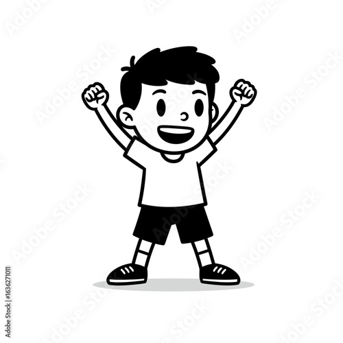 Excited Young Boy Celebrating Victory with Raised Fists.