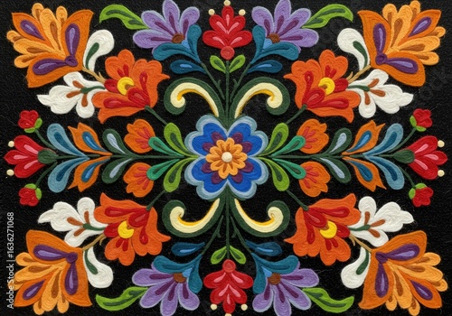 Vibrant floral painting, folk art style, black background, home decor