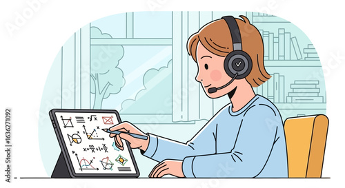 Engaging Online Math Tutor Explaining Equations On Tablet Remotely