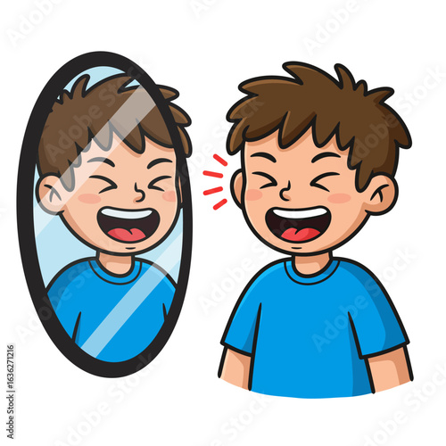 Happy Boy Laughing in Mirror Reflection.