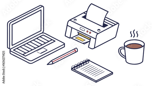 Laptop printer coffee notepad pencil office supplies workplace business technology concept vector design