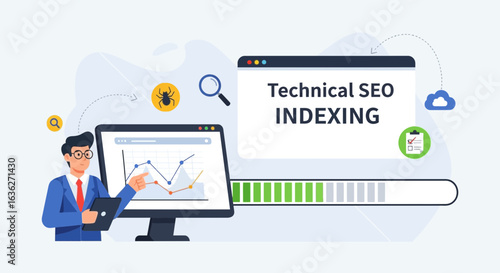 Technical Seo Optimization Process With Charts And Data Analysis Illustration