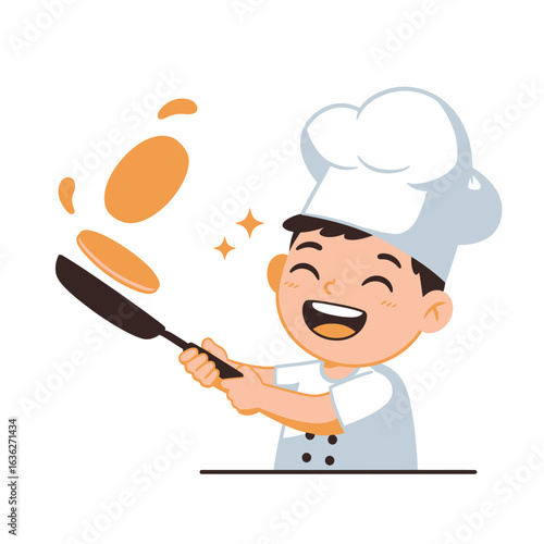 Happy Young Chef Flipping Pancakes in a Pan.