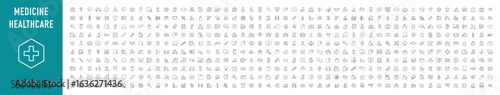 Set of 500 Medical and Healthcare web icons in line style. Medicine, check up, doctor, dentistry, pharmacy, lab, scientific discovery, collection. Vector illustration.