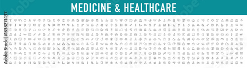 Set of 500 Medical and Healthcare web icons in line style. Medicine, check up, doctor, dentistry, pharmacy, lab, scientific discovery, collection. Vector illustration.