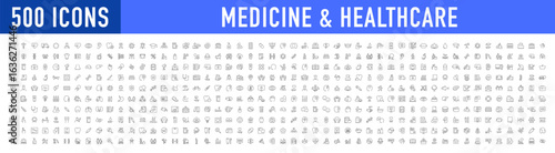 Set of 500 Medical and Healthcare web icons in line style. Medicine, check up, doctor, dentistry, pharmacy, lab, scientific discovery, collection. Vector illustration.