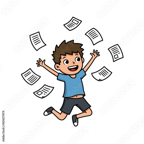 Joyful Boy Jumping with Papers Flying.