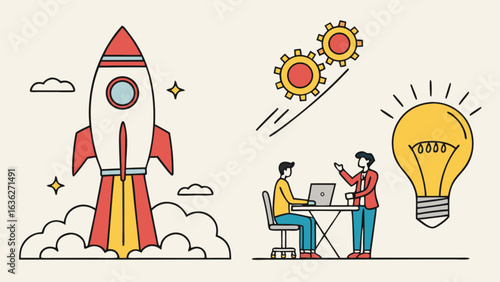 Startup business launch rocket idea innovation collaboration teamwork success strategy and development concept
