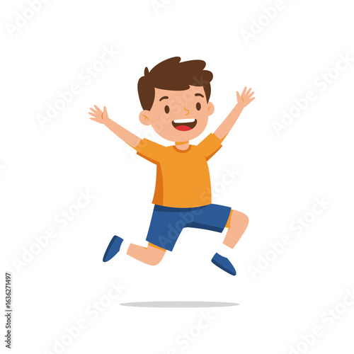 Joyful Boy Jumping with Arms Raised High.