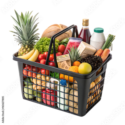 A full shopping basket with a variety of fresh produce and grocery items on transparent background