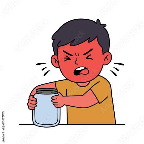 Angry Child Struggling to Open Jar.