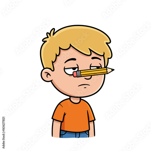 Bored Boy With Pencil Across Nose.