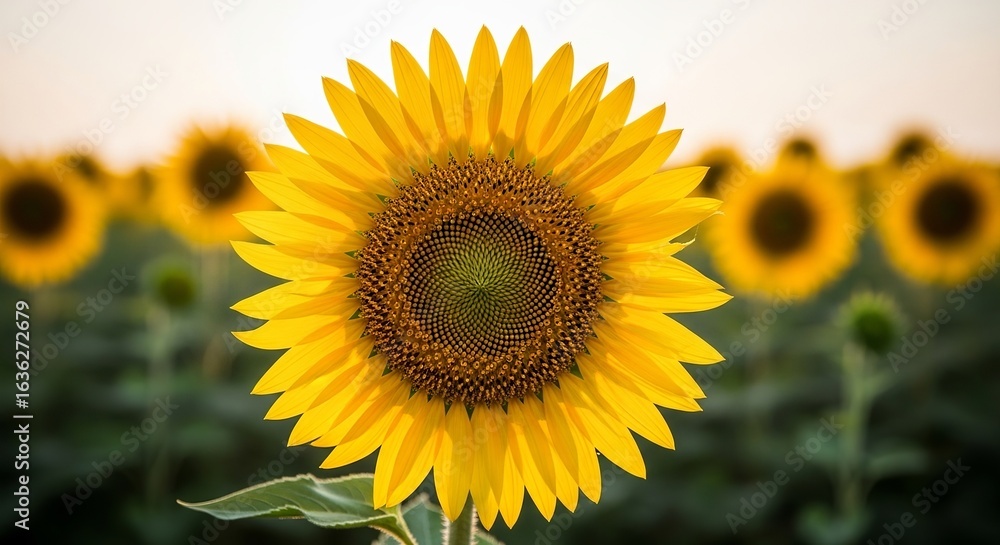 Fototapeta premium Close-up view of a bright yellow sunflower in full bloom, showcasing its intricate seed pattern against a blurred field of sunflowers at sunset.