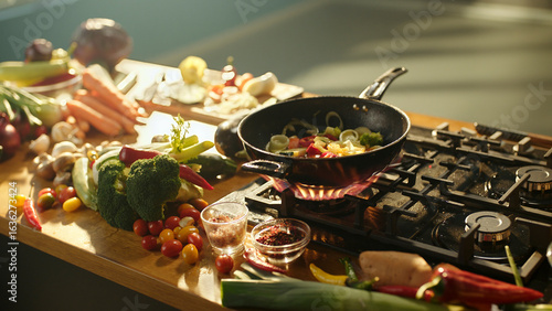 Quadro su tela Chef cooking vegetables in wok on gas stove in kitchen